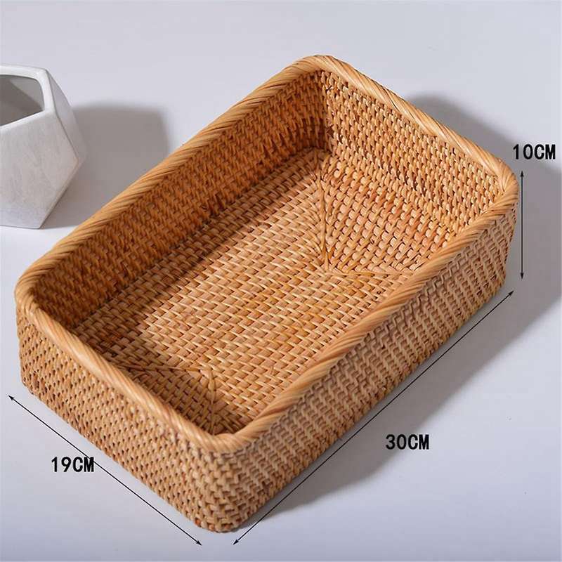 Hand-Woven Rattan Wicker Basket Fruit Tea Snack Bread Basket Cosmetic Rectangular Storage Box Househ