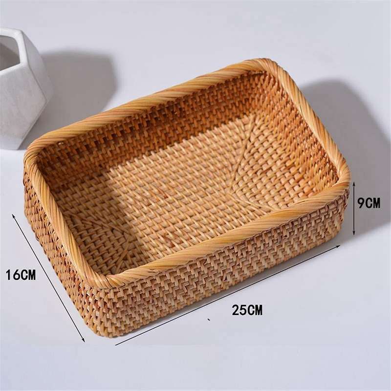 Hand-Woven Rattan Wicker Basket Fruit Tea Snack Bread Basket Cosmetic Rectangular Storage Box Househ