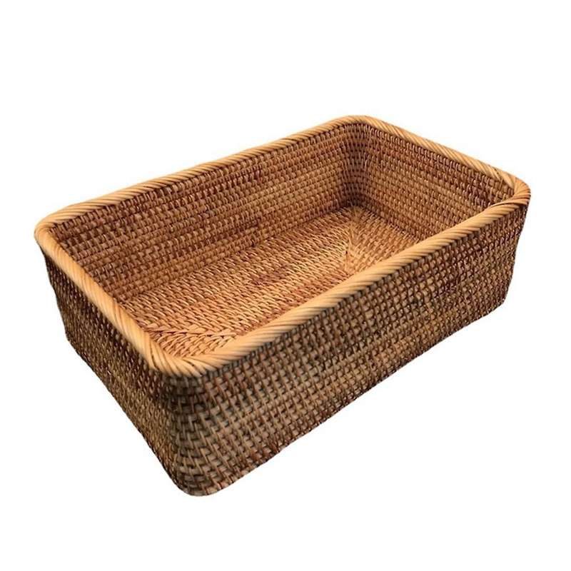 Hand-Woven Rattan Wicker Basket Fruit Tea Snack Bread Basket Cosmetic Rectangular Storage Box Househ