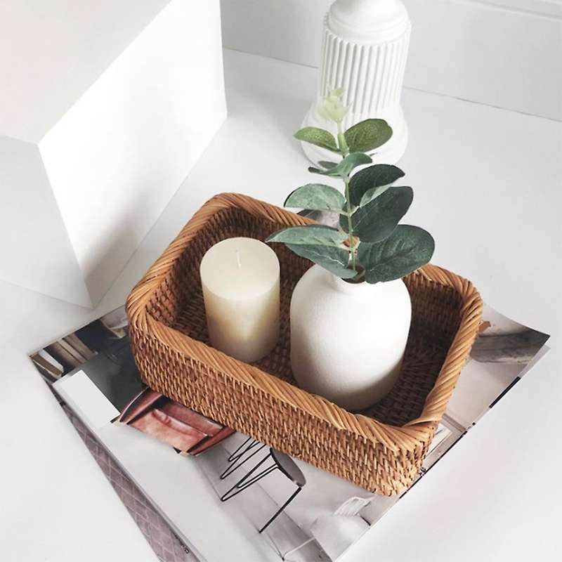 Hand-Woven Rectangular Rattan Wicker Basket Fruit Tea Bread Picnic Cosmetic Storage Box Kitchen Hous