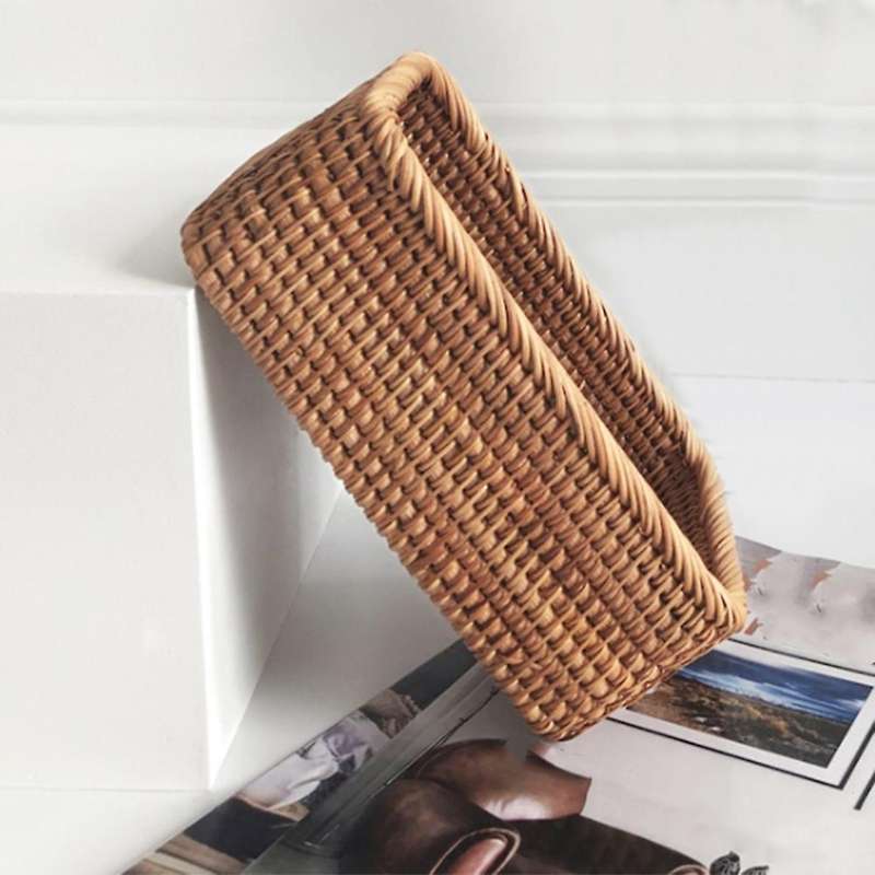 Hand-Woven Rectangular Rattan Wicker Basket Fruit Tea Bread Picnic Cosmetic Storage Box Kitchen Hous