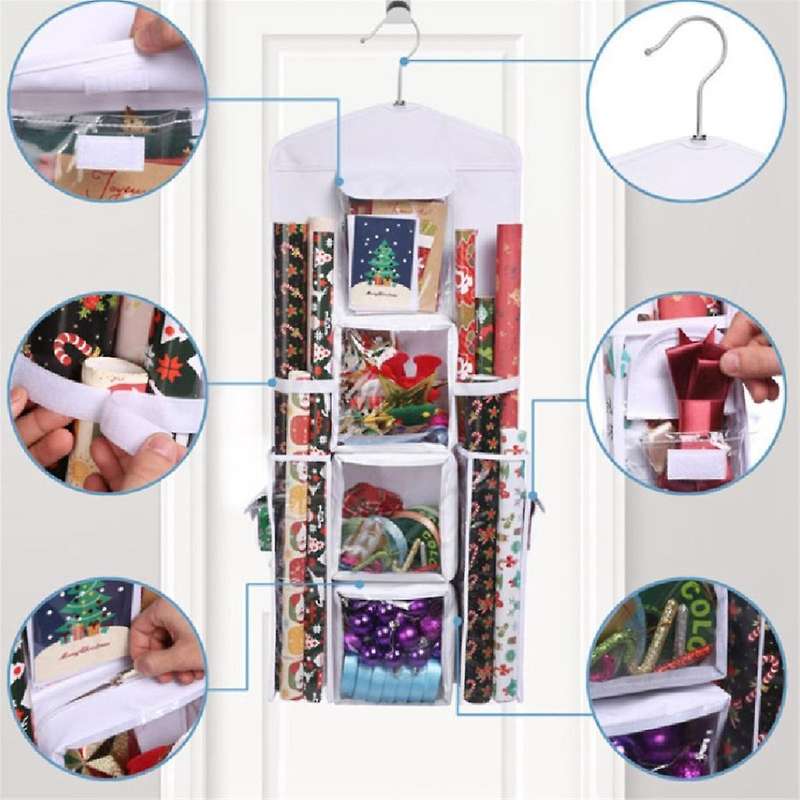 Hanging Double-sided Gift Wrap Organizer Wrapping Paper Storage Bag with Multiple Front and Back Poc