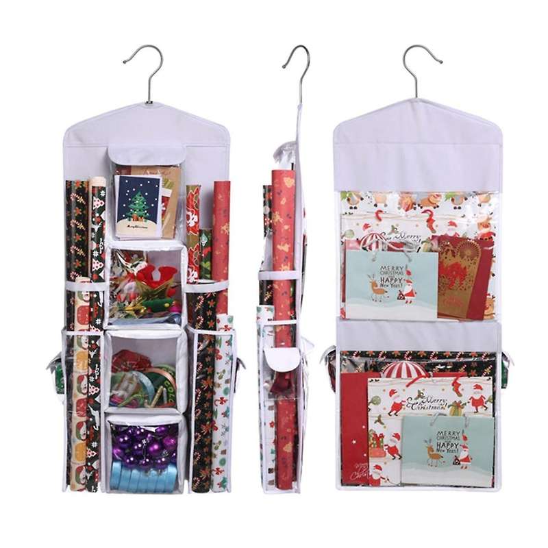 Hanging Double-sided Gift Wrap Organizer Wrapping Paper Storage Bag with Multiple Front and Back Poc