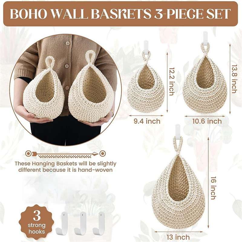 Hanging Fruit Baskets for Kitchen 3 Pcs Boho Produce Storage Baskets with 3 Pcs Strong Hooks