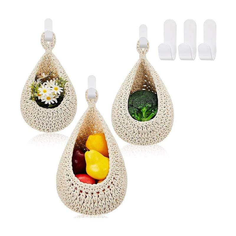 Hanging Fruit Baskets for Kitchen 3 Pcs Boho Produce Storage Baskets with 3 Pcs Strong Hooks