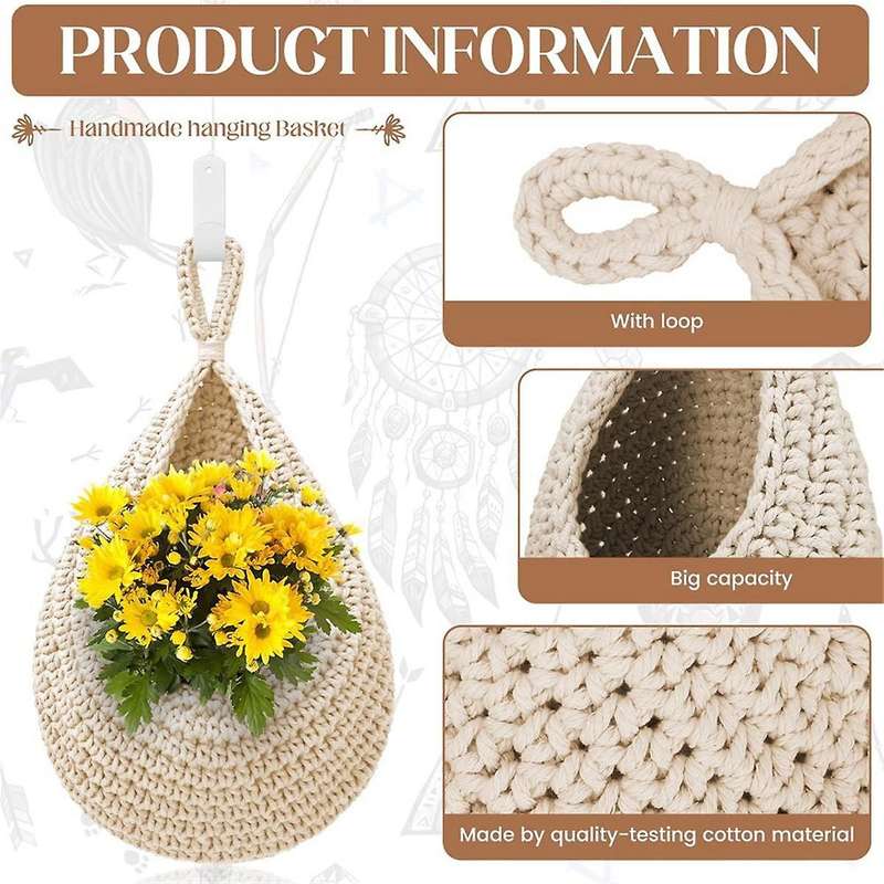 Hanging Fruit Baskets for Kitchen 3 Pcs Boho Produce Storage Baskets with 3 Pcs Strong Hooks