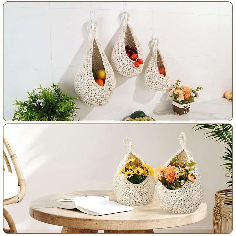 Hanging Fruit Baskets for Kitchen 3 Pcs Boho Produce Storage Baskets with 3 Pcs Strong Hooks