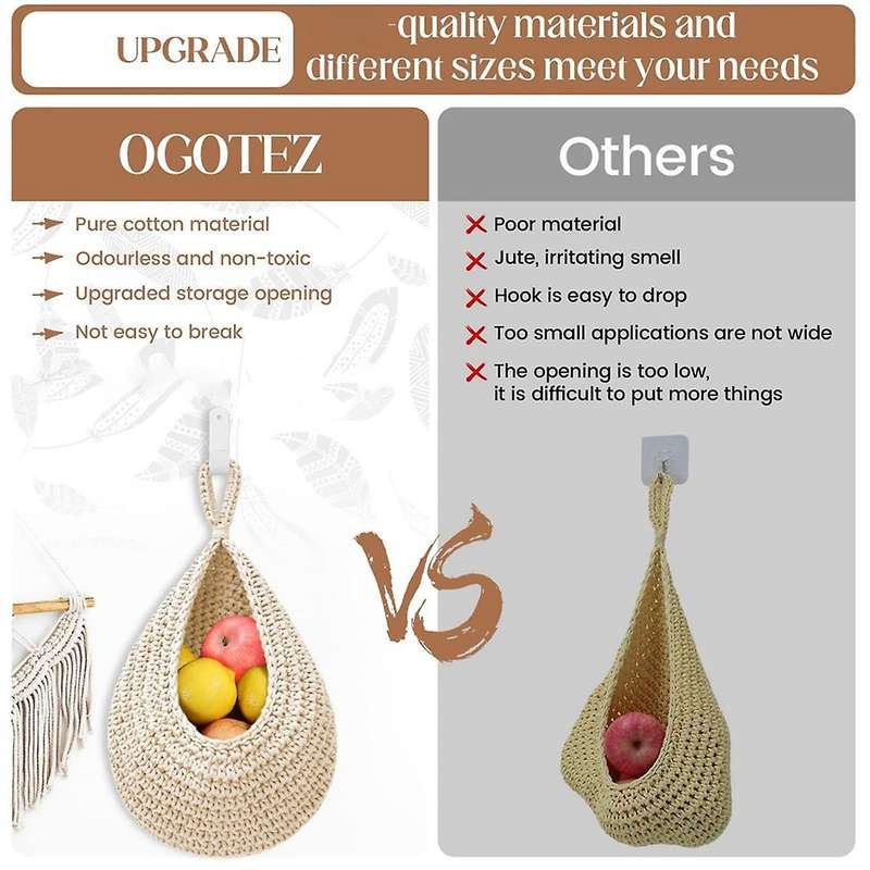 Hanging Fruit Baskets for Kitchen 3 Pcs Boho Produce Storage Baskets with 3 Pcs Strong Hooks