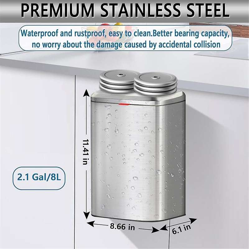Hanging Kitchen Stainless-Steel Small Trash Can with Lid, 2-In- Compost Bin for Counter Top & , 8L