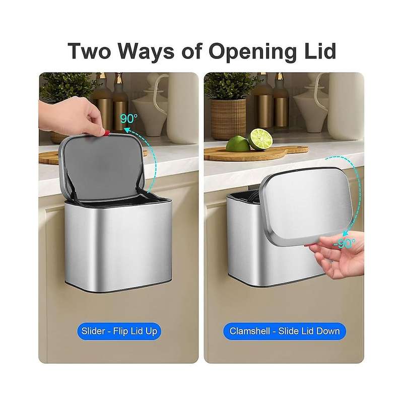 Hanging Stainless Steel Compost Bin 1.05 Gallon Wall Mounted Trash Can with Lid, Kitchen Cabinet Doo