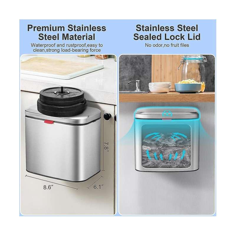 Hanging Stainless Steel Compost Bin 1.05 Gallon Wall Mounted Trash Can with Lid, Kitchen Cabinet Doo