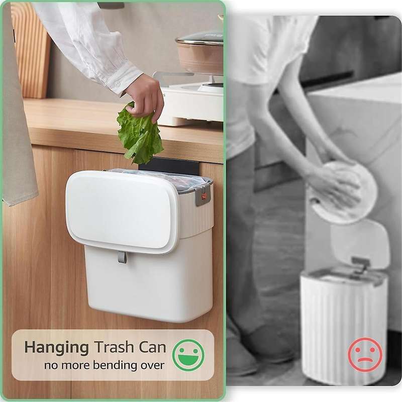 Hanging Trash Can with Lid, 2.3 Gallon Kitchen Garbage Bin Food Waste Container Convenient Durable O