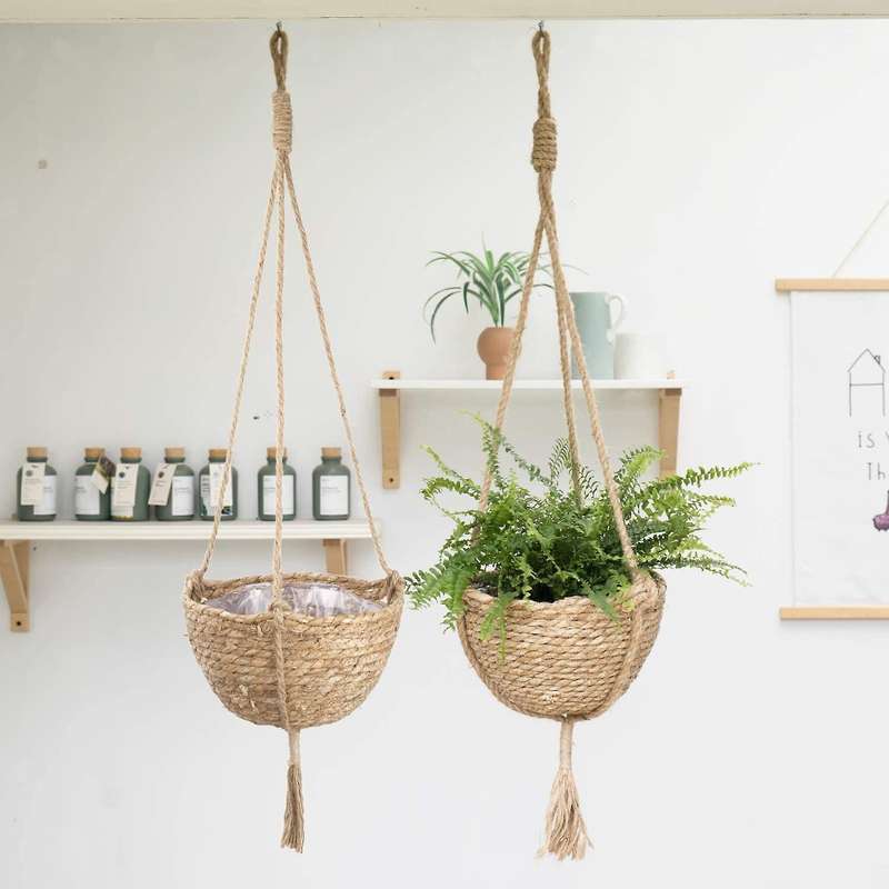 Hanging Rattan Basket Planter Indoor Outdoor Hanging Rope Flower Plant Pot Basket Decorative,Hanging