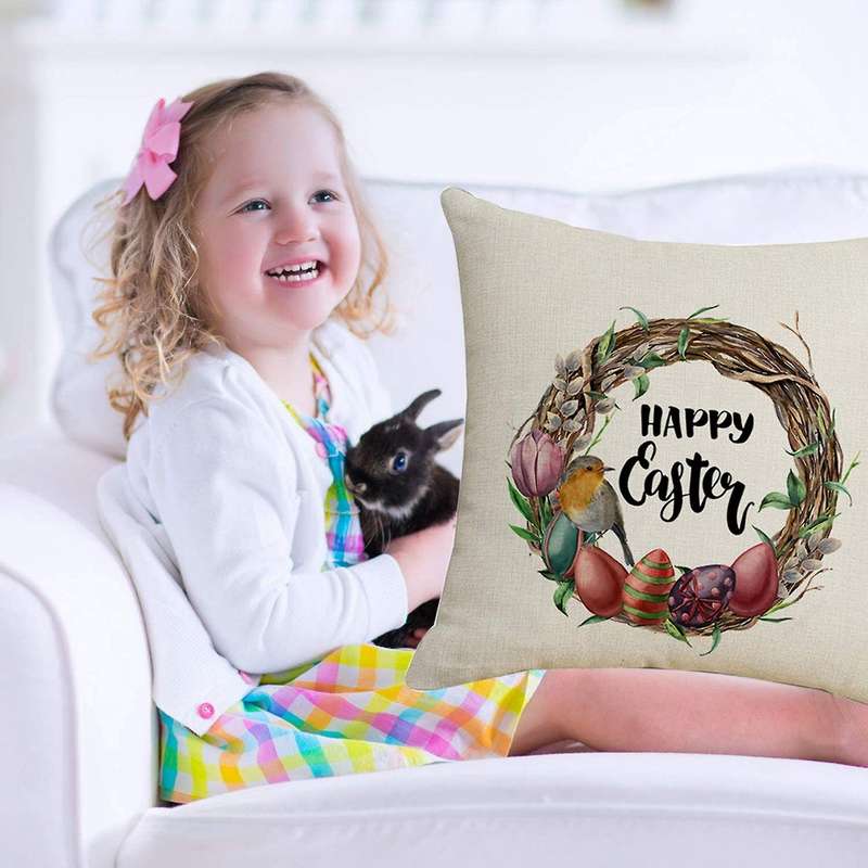 Happy Easter Pillow Case Bird Egg Wreath Pattern Linen Pillowcase Sofa Throw Cushion Cover Decor Par