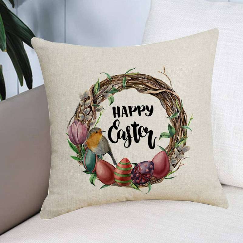 Happy Easter Pillow Case Bird Egg Wreath Pattern Linen Pillowcase Sofa Throw Cushion Cover Decor Par