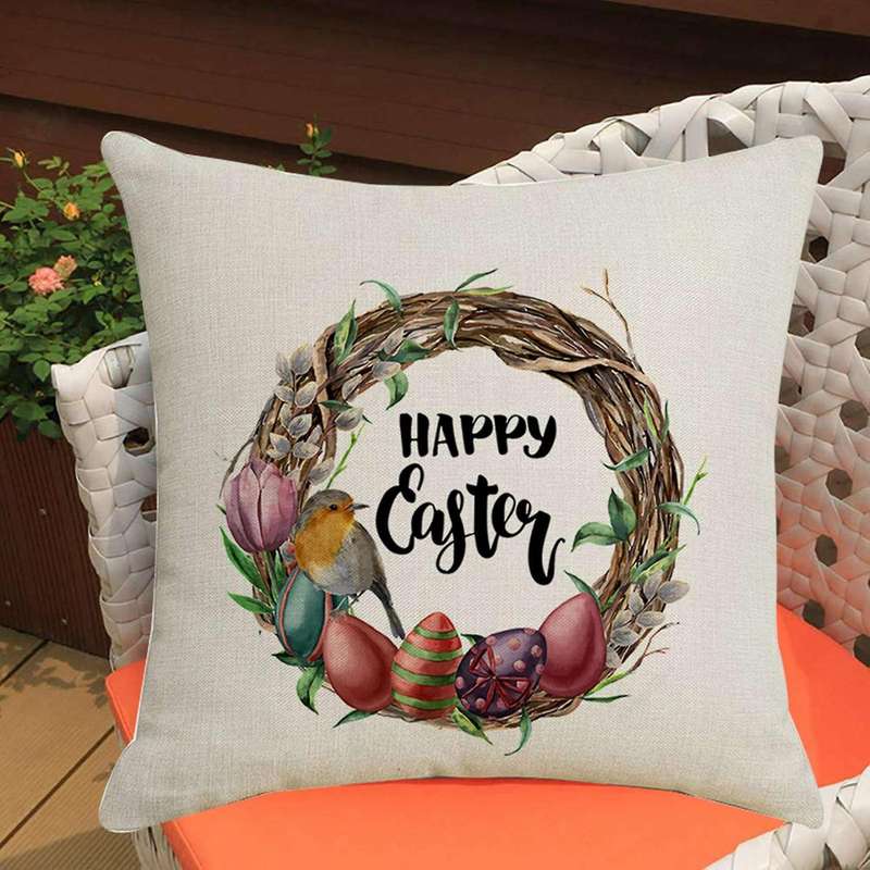 Happy Easter Pillow Case Bird Egg Wreath Pattern Linen Pillowcase Sofa Throw Cushion Cover Decor Par