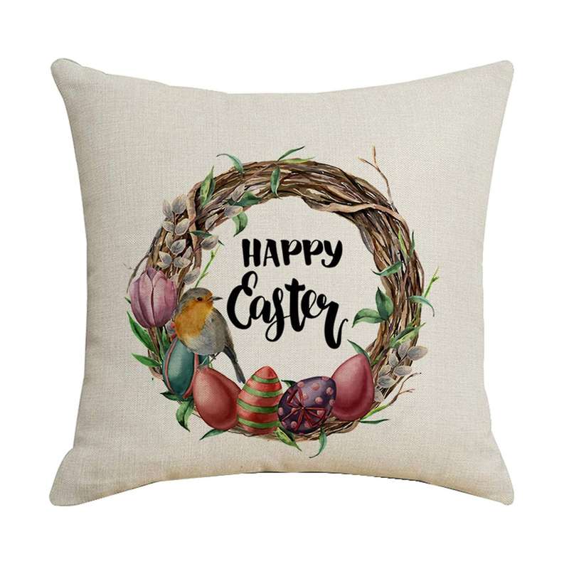 Happy Easter Pillow Case Bird Egg Wreath Pattern Linen Pillowcase Sofa Throw Cushion Cover Decor Par