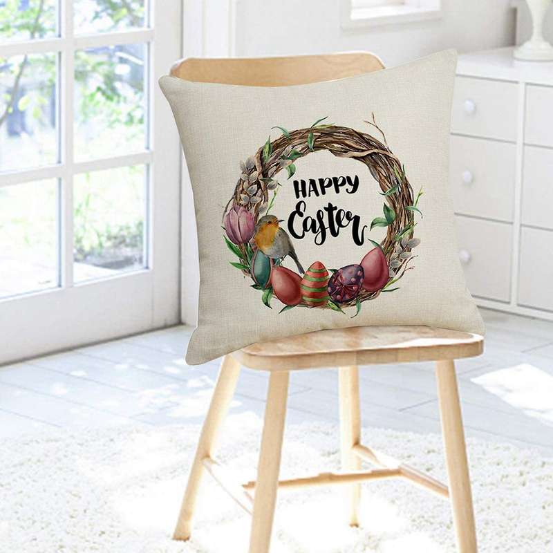 Happy Easter Pillow Case Bird Egg Wreath Pattern Linen Pillowcase Sofa Throw Cushion Cover Decor Par