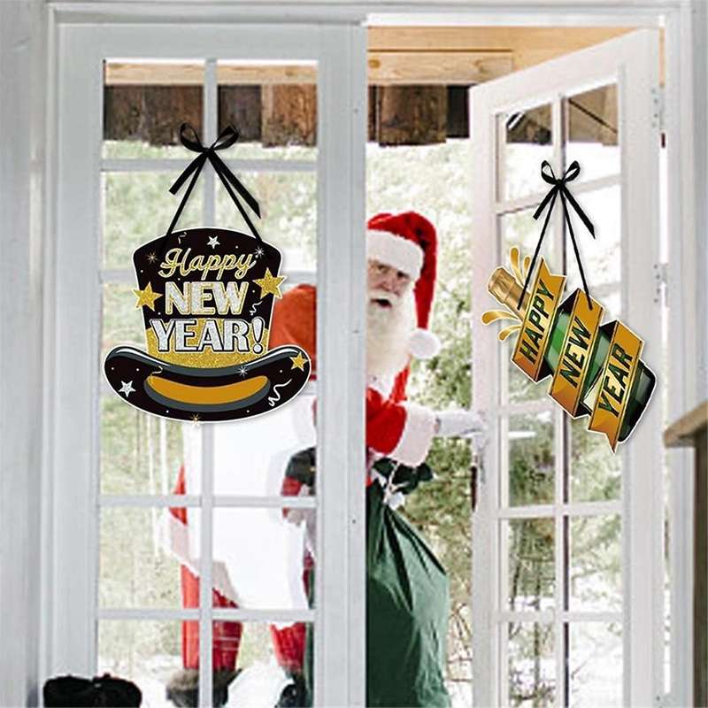 Happy New Year Sign 4Pcs Door Hanger New Year Door Decor Sign New Year's Eve Wreath Hanging Sign