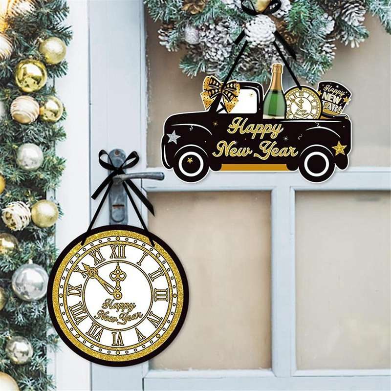 Happy New Year Sign 4Pcs Door Hanger New Year Door Decor Sign New Year's Eve Wreath Hanging Sign