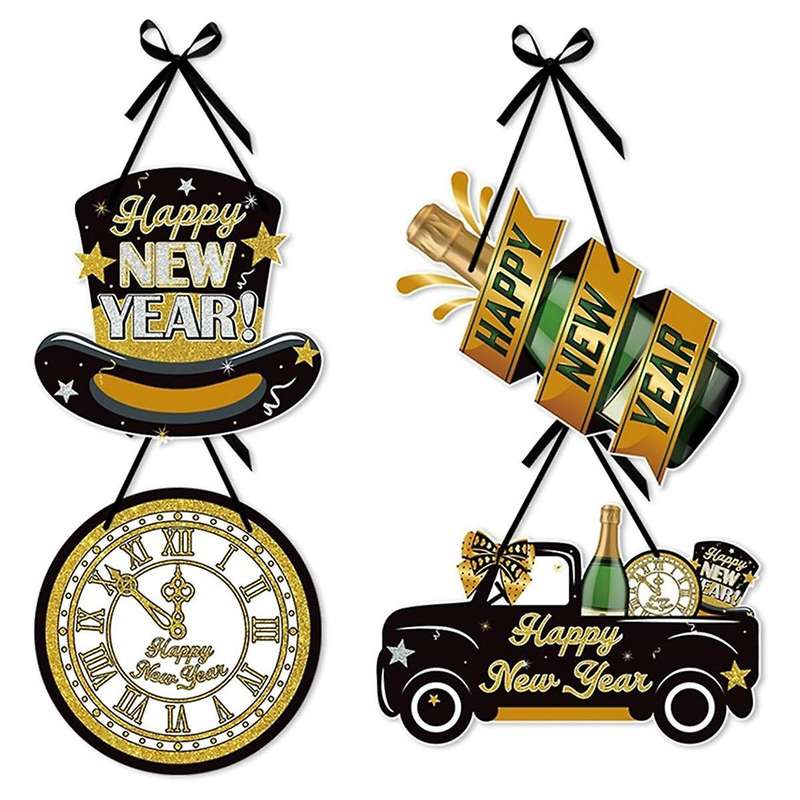 Happy New Year Sign 4Pcs Door Hanger New Year Door Decor Sign New Year's Eve Wreath Hanging Sign