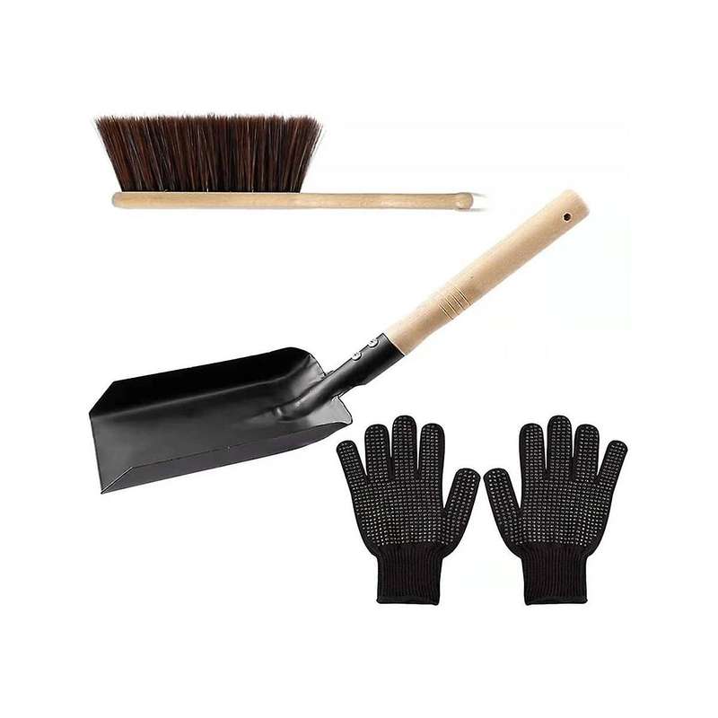 Hearth Brush Set,silicone Gloves,fireplace Shovel Hand Shovel and Brush,wooden Handles Coal Fireplac