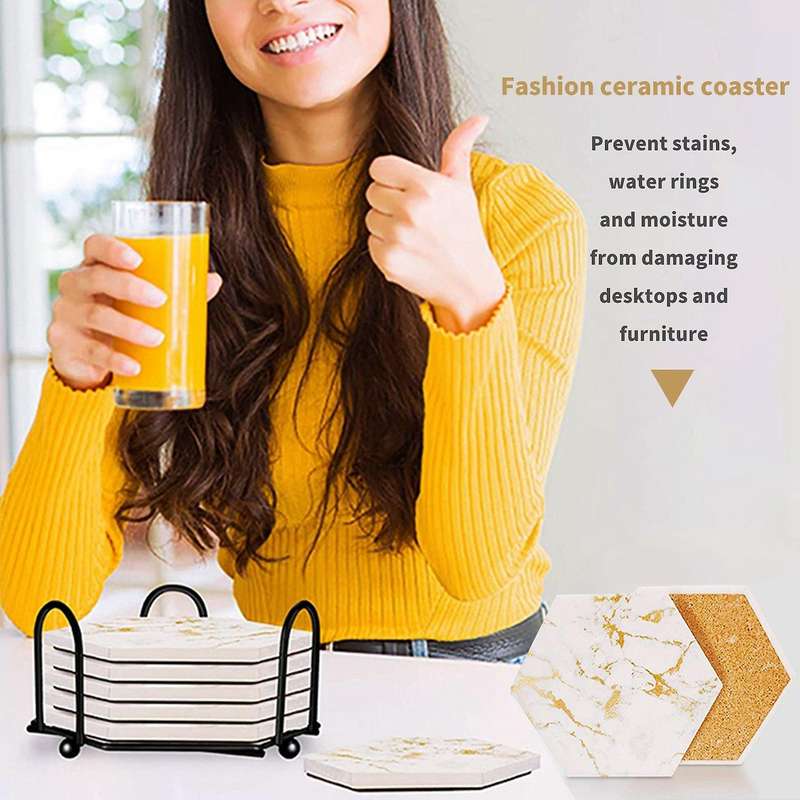 Hexagon Coaster - 6 Pieces Drink Coasters - Simple White Geometric Design - Modern Decorative White