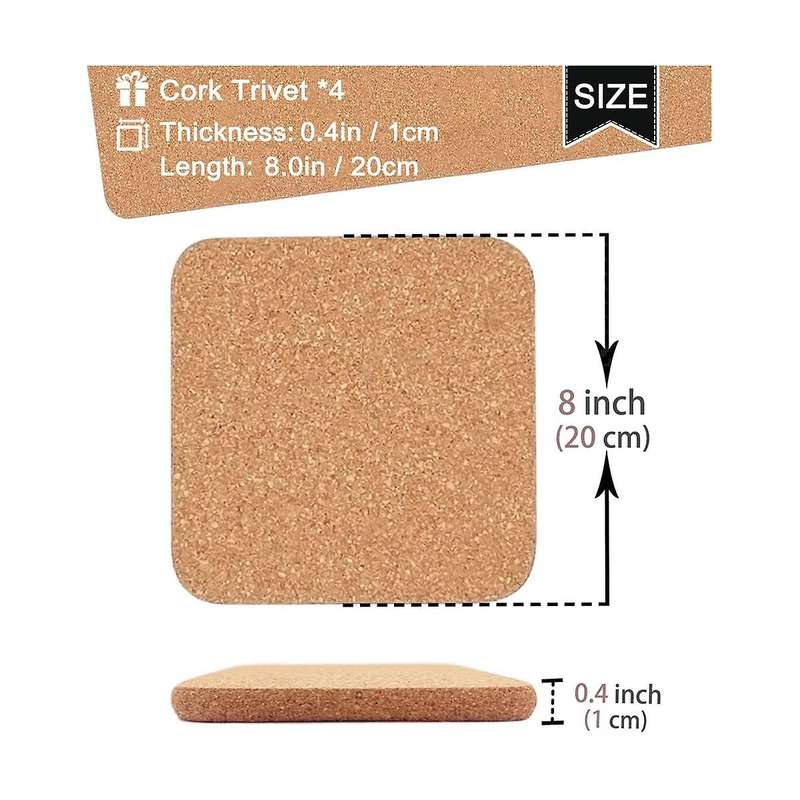 High Density Thick Square Cork Pad for Hot Dishes, 8 Inch Heat Resistant Multifunction Cork Coaster
