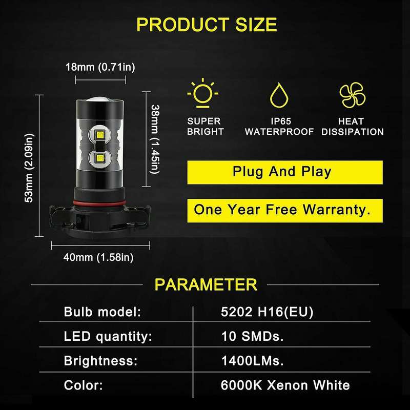 High Power H16 5202 5201 LED Fog Light Bulb Car HID White 6000K Driving Lamp DRL