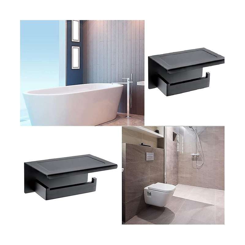 Holder No Drilling Aluminium Toilet Paper Holder with 18cm Shelf Black