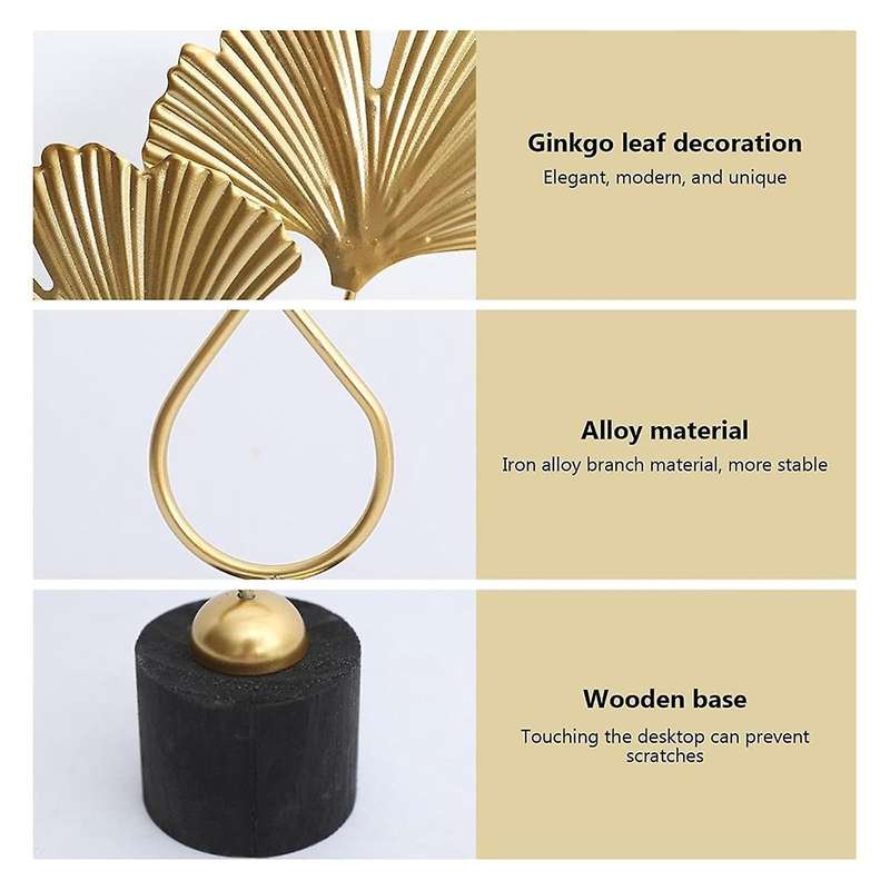 Home Decor Iron Golden Ginkgo Leaf Ornaments with 2 Leaves and Base Modern Simple Table Sculpture