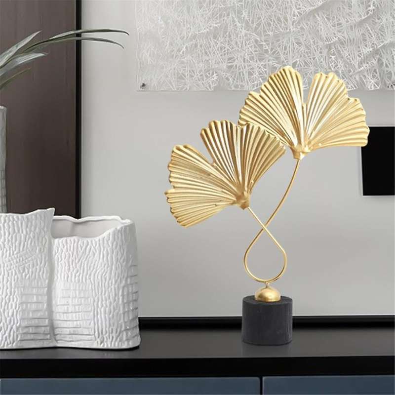 Home Decor Iron Golden Ginkgo Leaf Ornaments with 2 Leaves and Base Modern Simple Table Sculpture