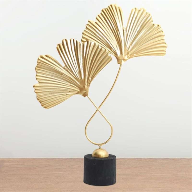 Home Decor Iron Golden Ginkgo Leaf Ornaments with 2 Leaves and Base Modern Simple Table Sculpture