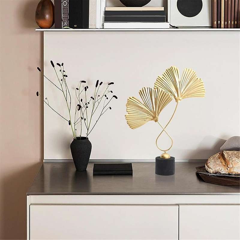 Home Decor Iron Golden Ginkgo Leaf Ornaments with 2 Leaves and Base Modern Simple Table Sculpture