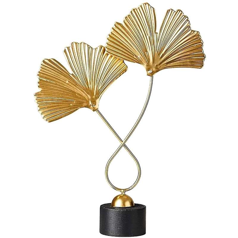 Home Decor Iron Golden Ginkgo Leaf Ornaments with 2 Leaves and Base Modern Simple Table Sculpture