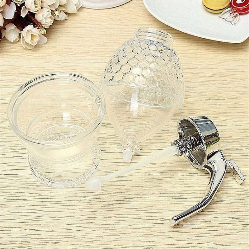 Honey Dispenser Syrup Jar and Stand Honeycomb Shaped Pot No Drip Dispenser for Precise Serving