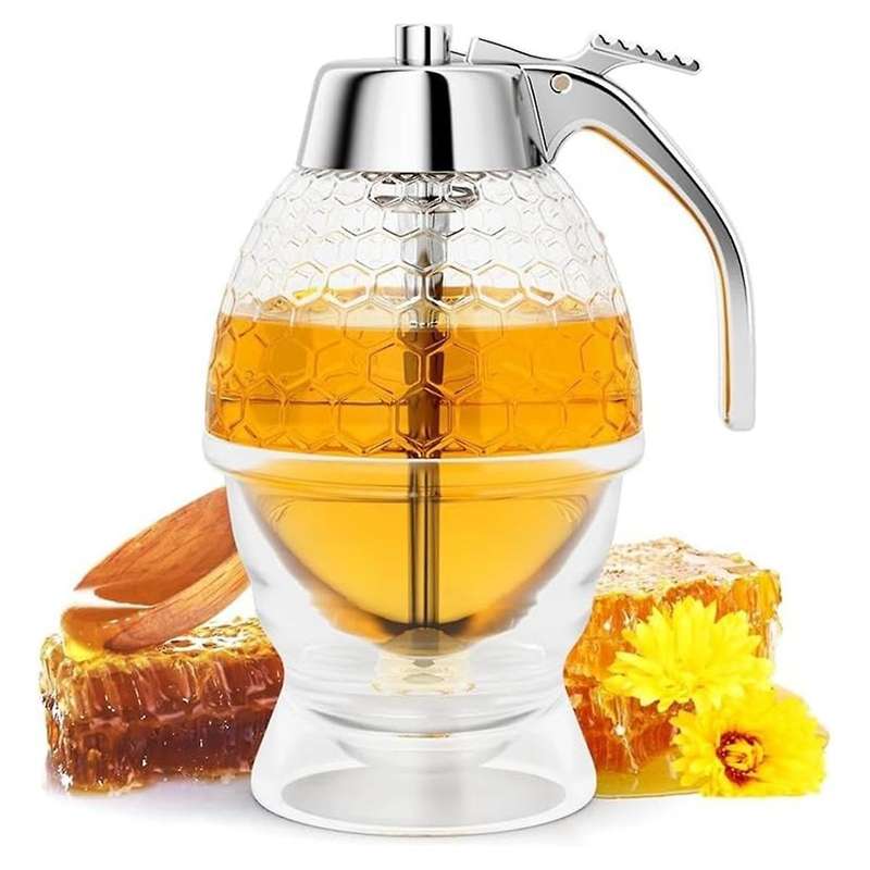Honey Dispenser Syrup Jar and Stand Honeycomb Shaped Pot No Drip Dispenser for Precise Serving