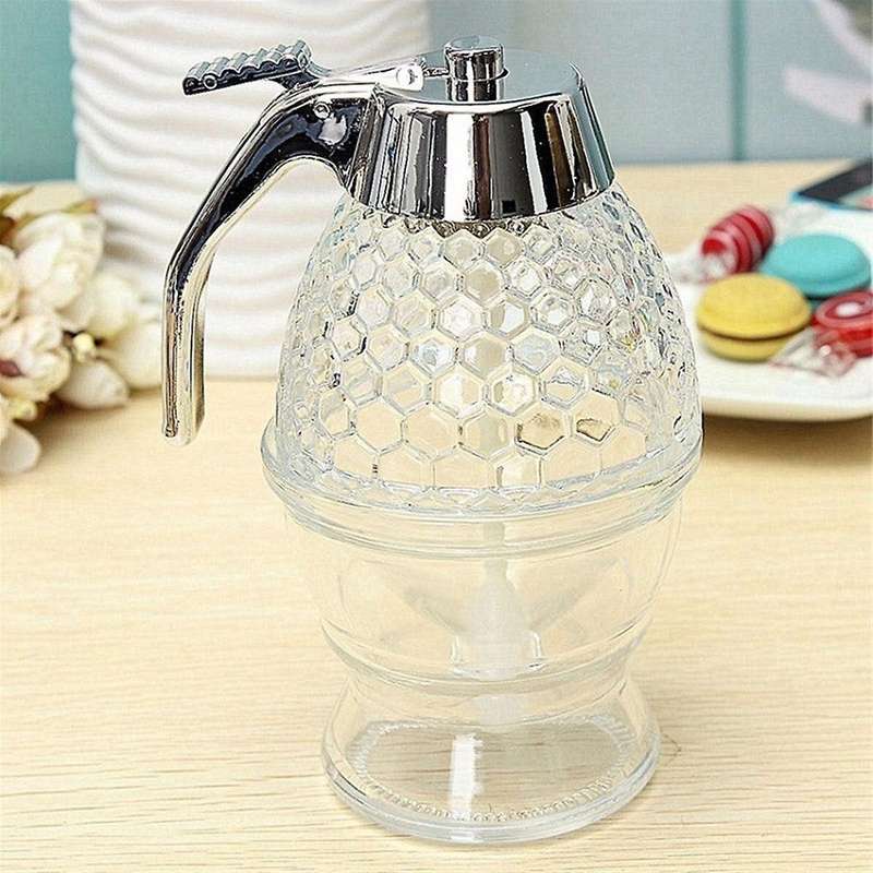 Honey Dispenser Syrup Jar and Stand Honeycomb Shaped Pot No Drip Dispenser for Precise Serving