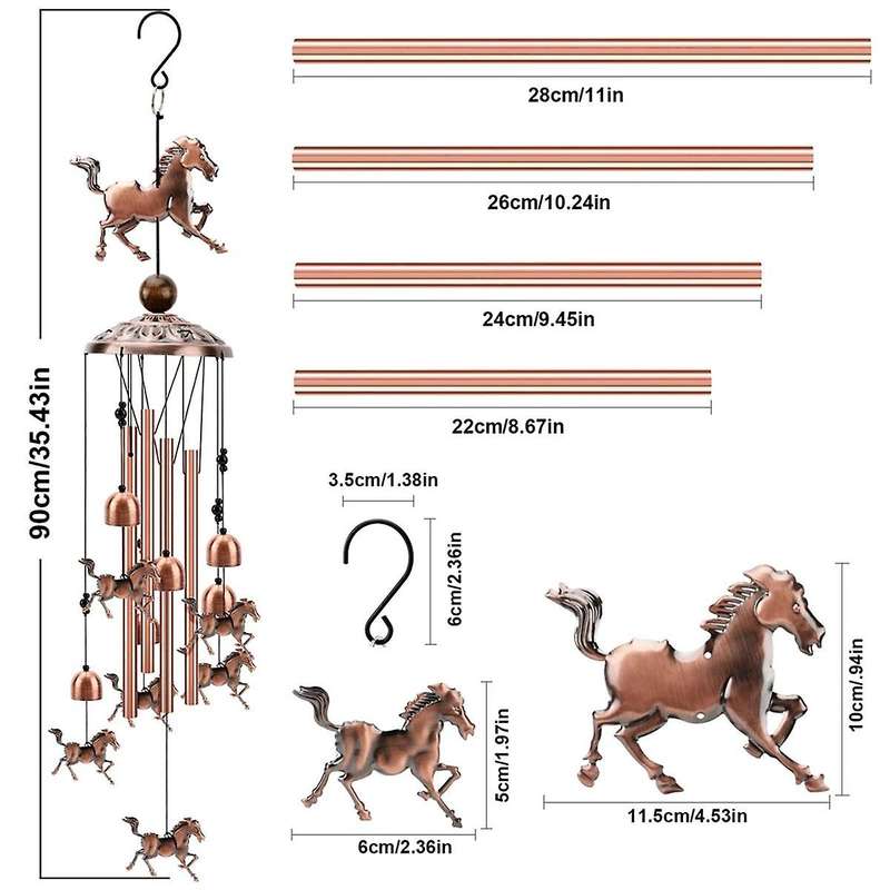 Horse Wind Chimes Outdoor Copper Wind Chimes Decoration with 1 Lucky Bead 4 Aluminum Tubes 6 Bells
