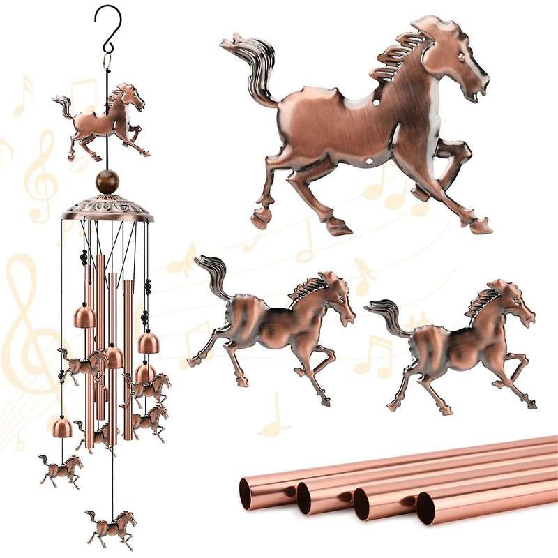 Horse Wind Chimes Outdoor Copper Wind Chimes Decoration with 1 Lucky Bead 4 Aluminum Tubes 6 Bells
