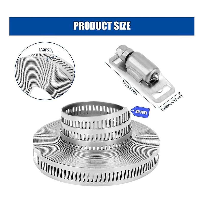 Hose Clamps 20FT Metal Strap+20 Fasteners DIY Cut-To-Fit Stainless Steel Band Clamps Adjustable Lar