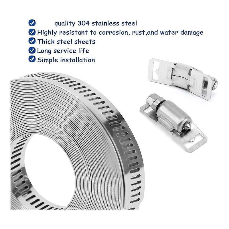 Hose Clamps 20FT Metal Strap+20 Fasteners DIY Cut-To-Fit Stainless Steel Band Clamps Adjustable Lar