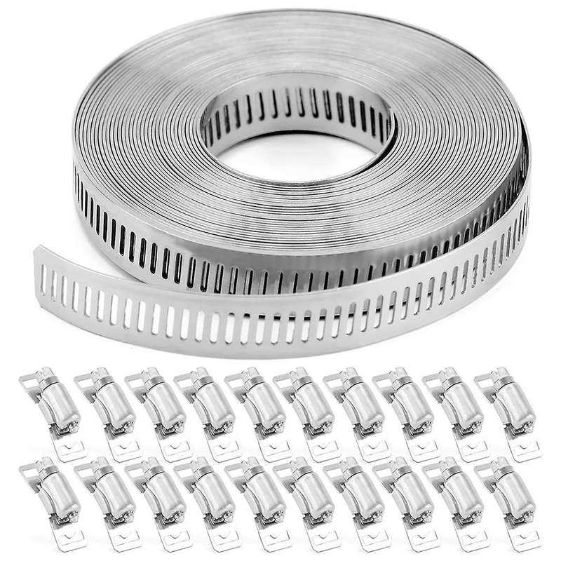 Hose Clamps 20FT Metal Strap+20 Fasteners DIY Cut-To-Fit Stainless Steel Band Clamps Adjustable Larg