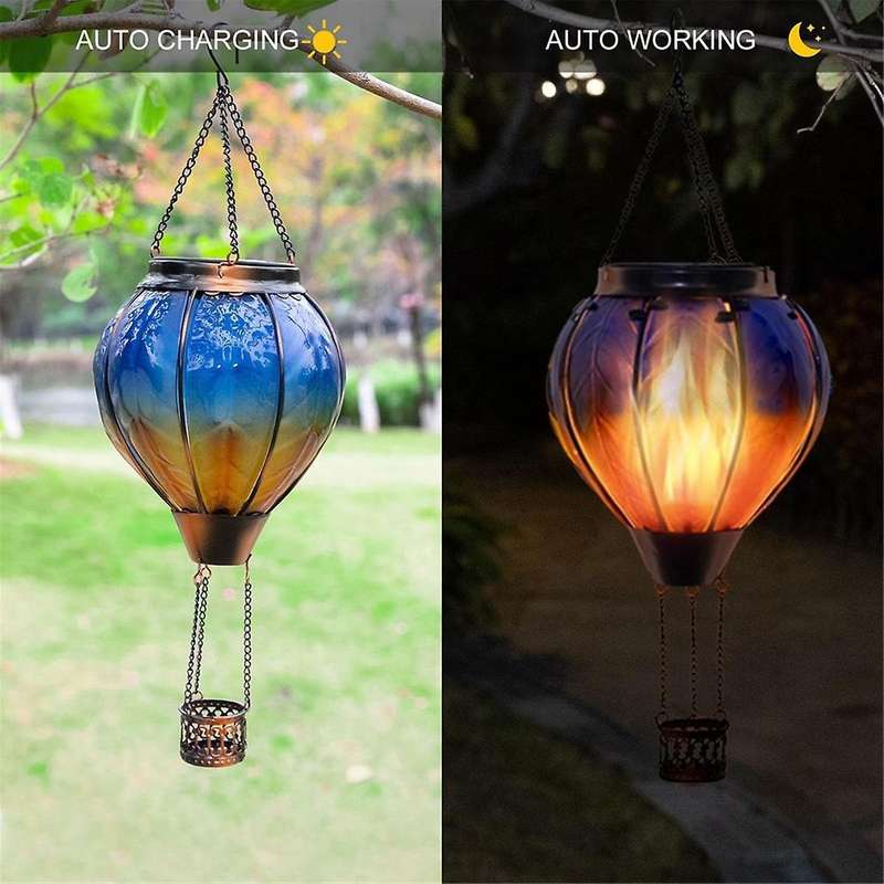 Hot Air Balloon Solar Lantern with Flickering Flame Light Outdoor Solar Hanging Lights Waterproof fo
