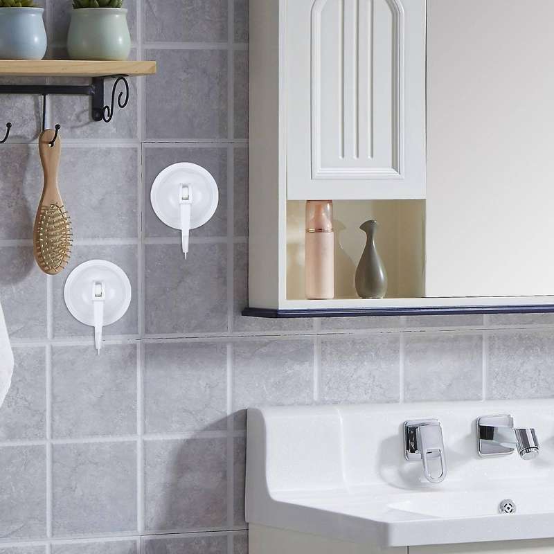 Household Wardrobe White Plastic 7cm Dia Suction Cup Single Hook Wall Hangers