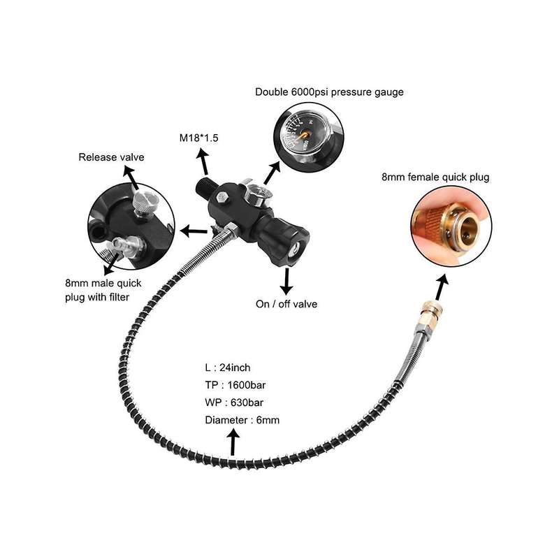Hpat M18x1.5 Fill Refill Station Tank Charging Valve Dual Gauge with 50cm High Pressure Hose