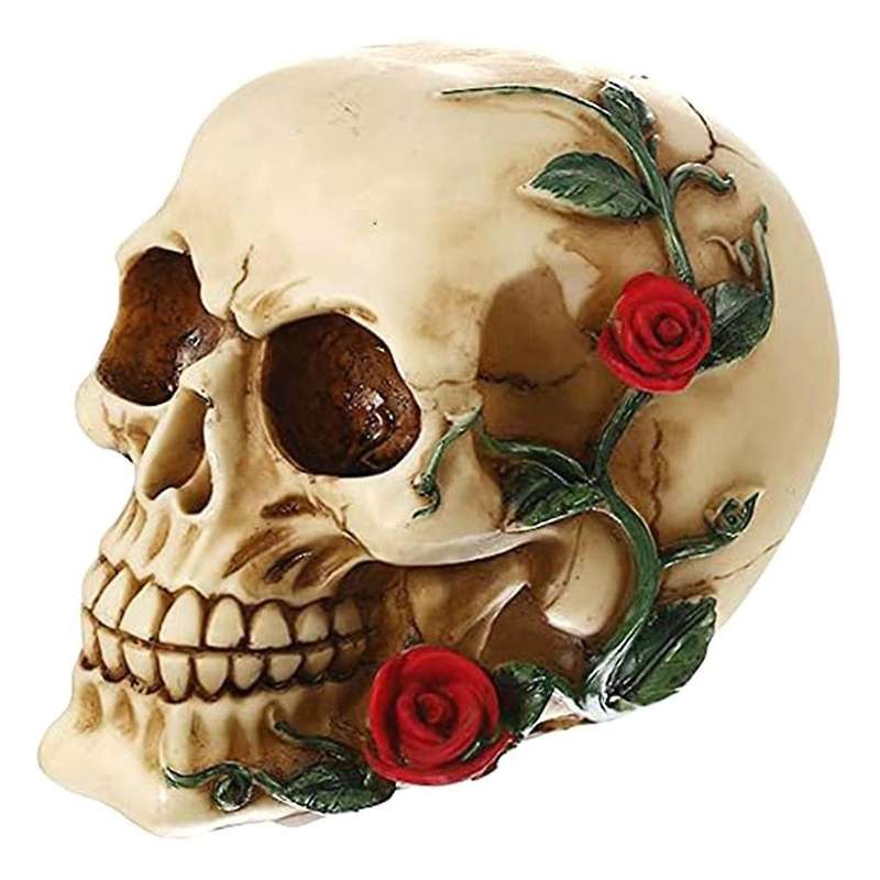 Human Skull with Rose Resin Statue Small Size Head Sculptures Skull Collectible Figurines