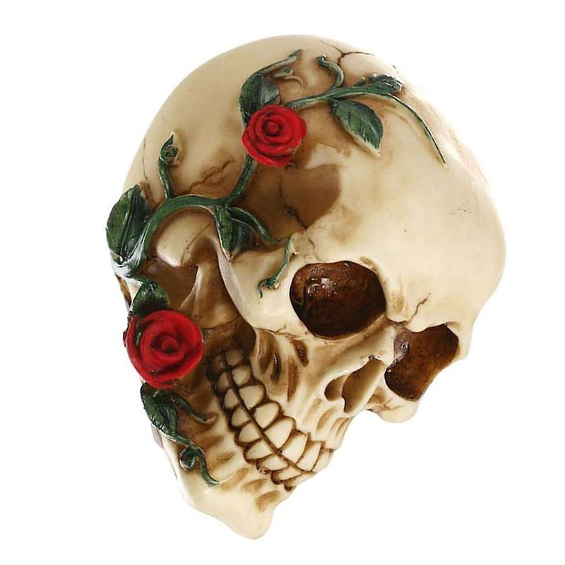 Human Skull with Rose Resin Statue Small Size Head Sculptures Skull Collectible Figurines
