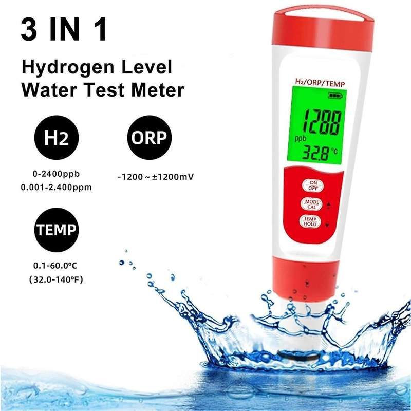 Hydrogen Water Bottle Test Meter, 3 in 1 H2/ORP/Temp Digital Hydrogen Level Tester Pen for Daily Dri