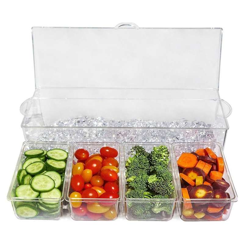 Ice Chilled Condiment with 4 Containers, Condiment Server with Separate Lids, Serving Tray Platter